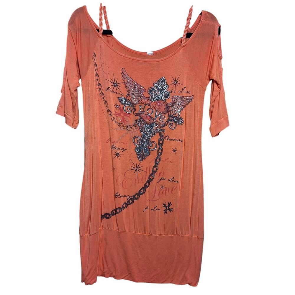 Y2K glam off the shoulder bling tattoo style graphic print cold shoulder tunic